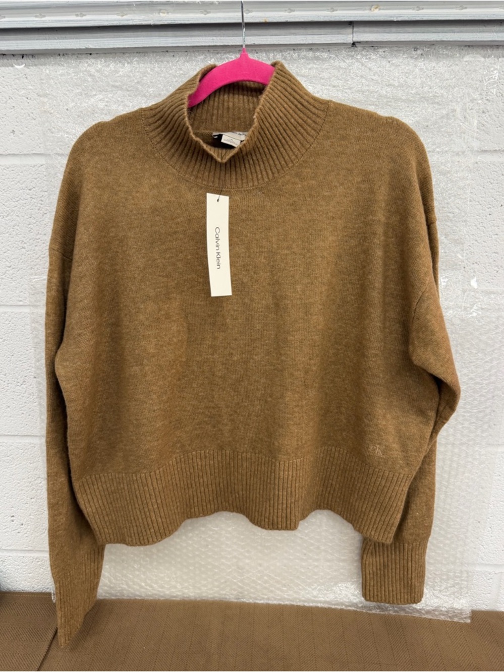 Calvin Klein Women’s Camel Rib-Knit Mock Neck Sweater NWT